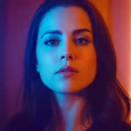a woman wearing a black jacket standing in a blue and red room
