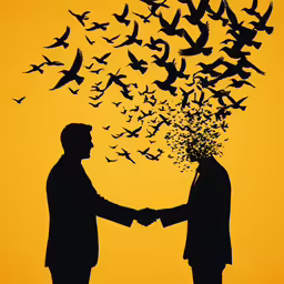 two men shake hands as birds fly above them