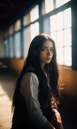 a girl sitting near windows looking out on the outside