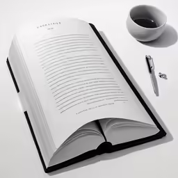 an open book with an opened page is next to a cup of coffee and an electronic pen