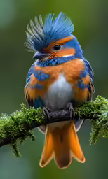 a small blue and orange bird perched on a branch