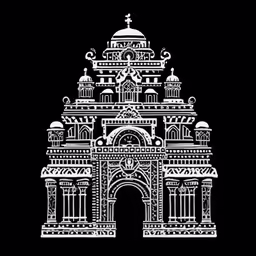 an intricate arch between two archways, with a cross on top