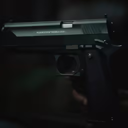 a black gun with a silver handle and red lasers