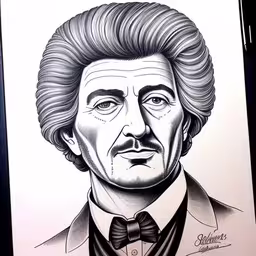 a drawing of an older gentleman in a suit and tie,a portrait of the famous american actor and broadcaster john mc kennedy is shown,an drawing of john mcc mca in the style of bill nyers,a black and white drawing of a man in a suit and bow tie,a drawing of albert einstein from the television series breaking badass