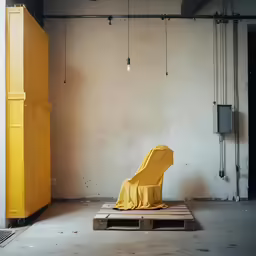 a chair with a sheet on it in front of a yellow box