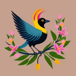 a bird is perched on a branch with flower garland