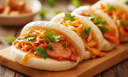 three hot dogs are being stuffed with cheese, meat and lettuce