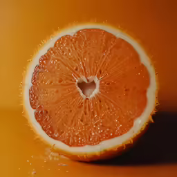an orange fruit is cut open and in half