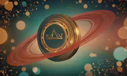 an advertisement for a golden logo with a blurry background