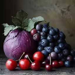 a purple head of cabbage sitting next to fruit