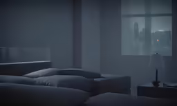 a dark bedroom with white walls and dark furniture