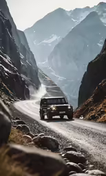jeep driving on a mountain road near rocky mountains