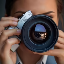 woman with long hair holding up an electronic device to her face while she takes pictures