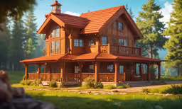 a person is standing next to a tall house,a big wood house in a lush green field