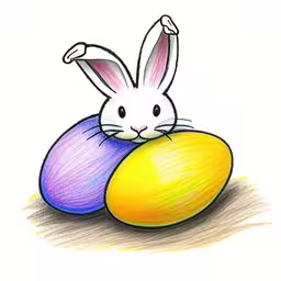 a colored bunny hugging an egg with his face,a drawing of an egg with a rabbit on top of it