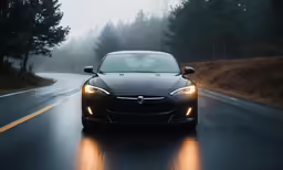 a black sports car driving down a road on the side of a tree covered hillside