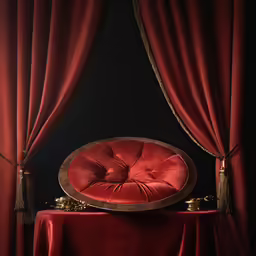 a chair and red tableclothed curtains in front of a window