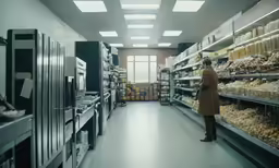 a person standing at the aisle of a grocery store
