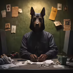 an animal man is sitting at a desk