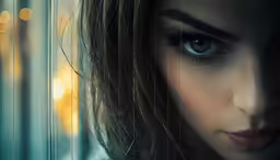 a woman with blue eyes stares in front of a glass curtain