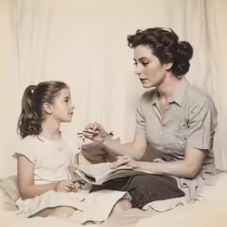 a woman sitting on the floor talking to a young girl