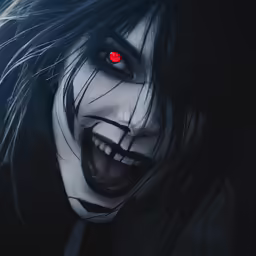 a creepy looking person with red eyes and black hair