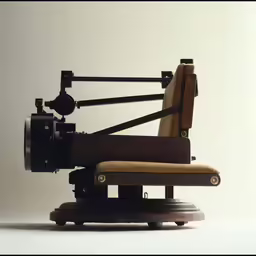 an old chair is on a small base