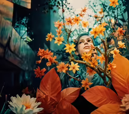 a woman standing by flowers in a picture