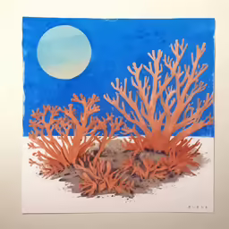 an image of a painting of corals with sky