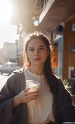 a woman walks down the street with a coffee in her hand