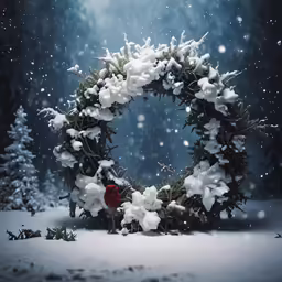 snow is on the ground around a wreath