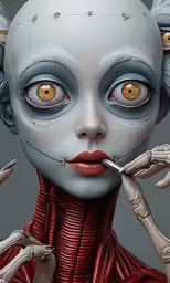 a robotic girl is eating food with her hands