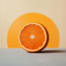 an orange cut in half sits on top of a white table