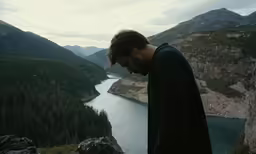 a man standing on a rocky mountain overlooking a lake