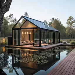 the home on the water has a large deck with furniture