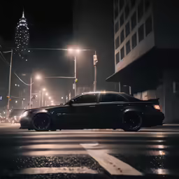 a car is driving down a city street in the rain at night