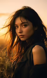 a woman with windblwn hair stands in a field