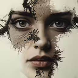 a close up of the face of a person with a black and white design on its forehead