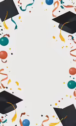 congratulations frame with graduation hats, streamers and confetti