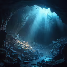 a cave with rocks and water in the middle