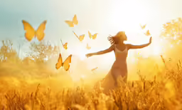 the woman is in the tall grass and is enjoying the field