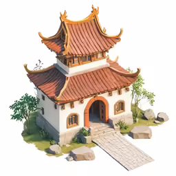the drawing shows a pagoda structure with orange roof and stone steps