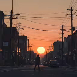 a person walking down the middle of a street at sunset