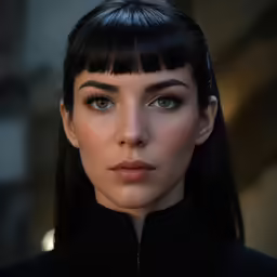 the beautiful model is wearing dark makeup and black clothes