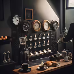 a person with an object and three clocks and tea pots