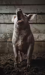 an angry looking animal standing on top of wood