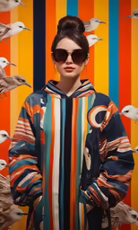 woman in striped sweatshirt with bird photos behind her