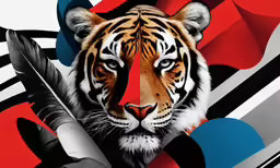 a painting of a tiger with feathers and geometric shapes