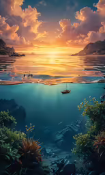 a large lake sitting under a cloudy sky