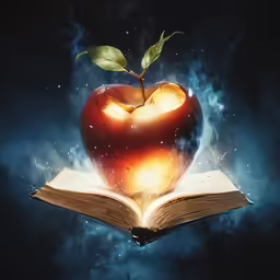 an apple is shown laying open on top of an open book